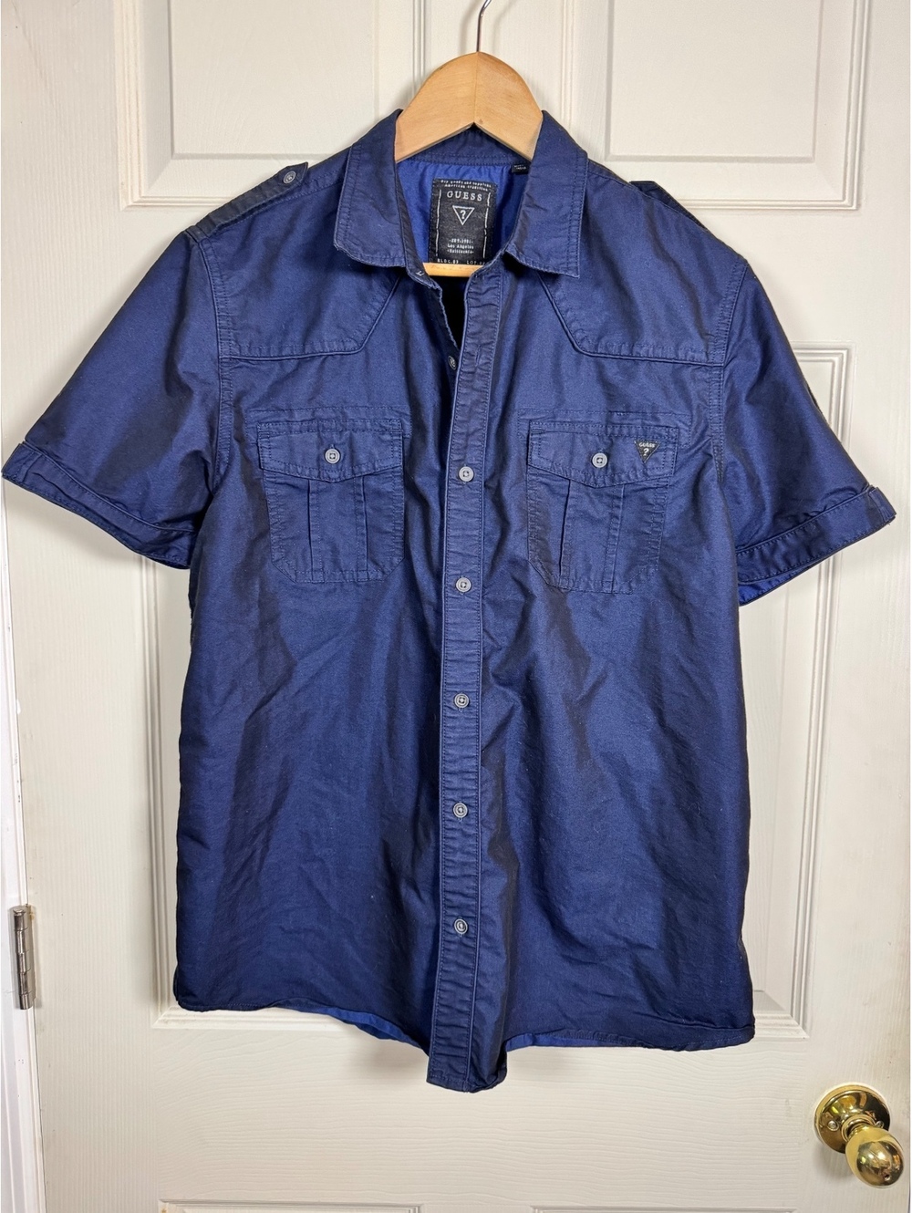 Guess Men's Navy Short Sleeve Button-Up Shirt Size L